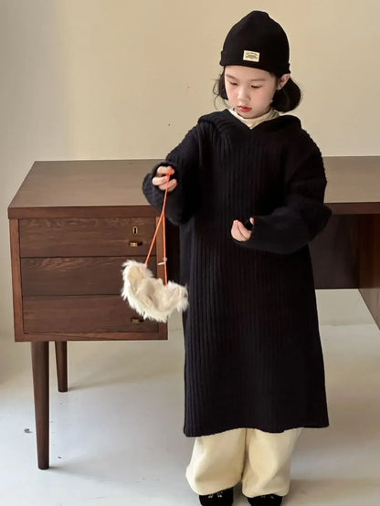 長袖ワンピース Navy Blue / 90cm 1-2y キッズワンピース リブニットフーディルーズロング長袖セーターワンピース 3カラー【mh0007572】