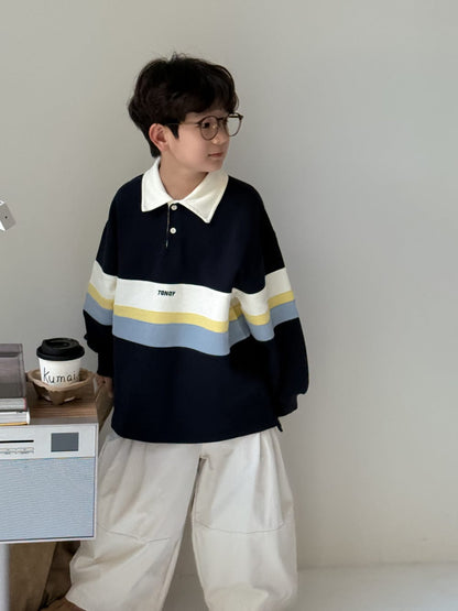 長袖シャツ・ブラウス Navy Blue / 90cm ビッグボーダー長袖スウェットポロシャツ ロゴ刺繍入り襟付きトップス【mh0010779】