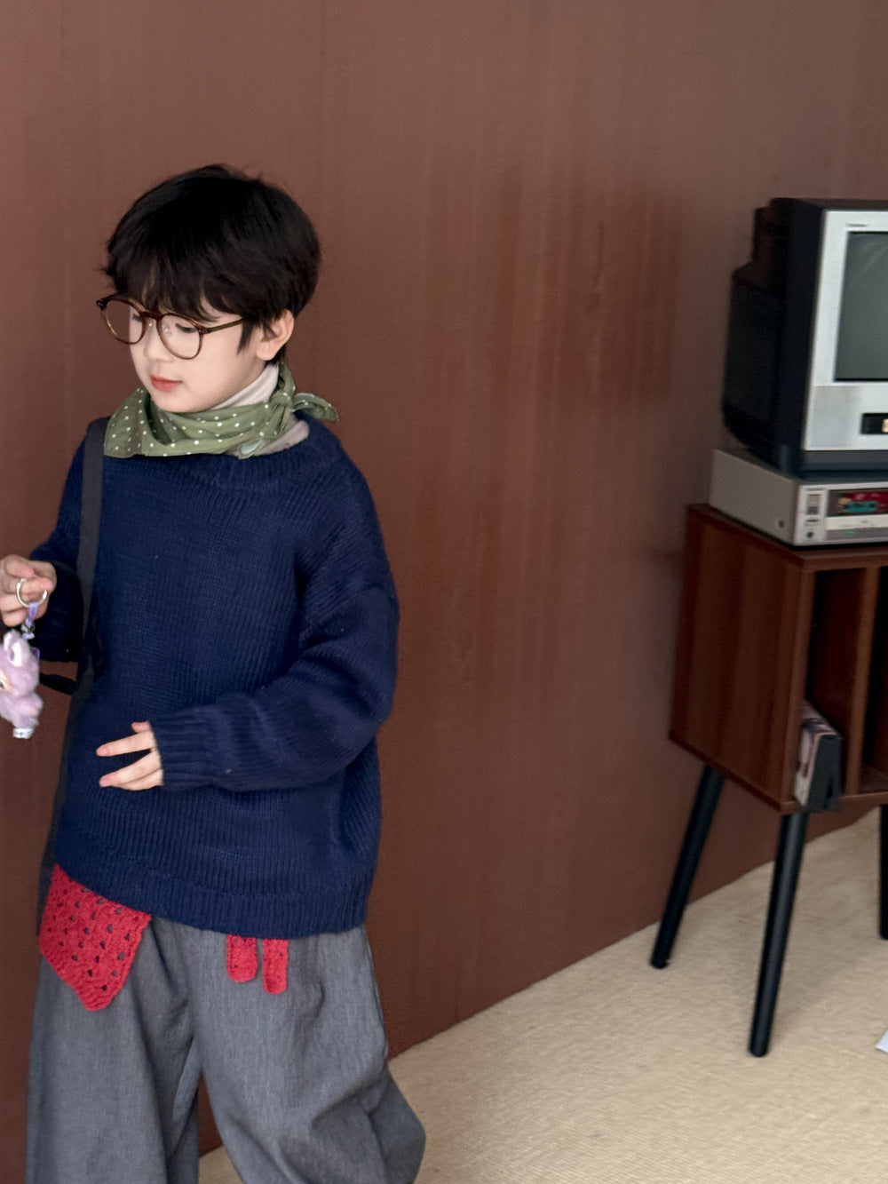 ニット・セーター Navy Blue / 90cm ニットセーター キッズ 裏起毛 厚手 クルーネック 無地 ルーズフィット プルオーバー【mh0011674】