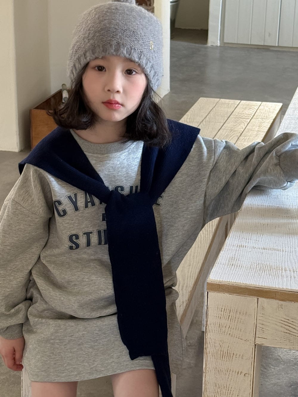 長袖セットアップ Navy blue shawl / One Size ロゴスウェットトップス ミニスカートセットアップ 2点セット【mh0010957】