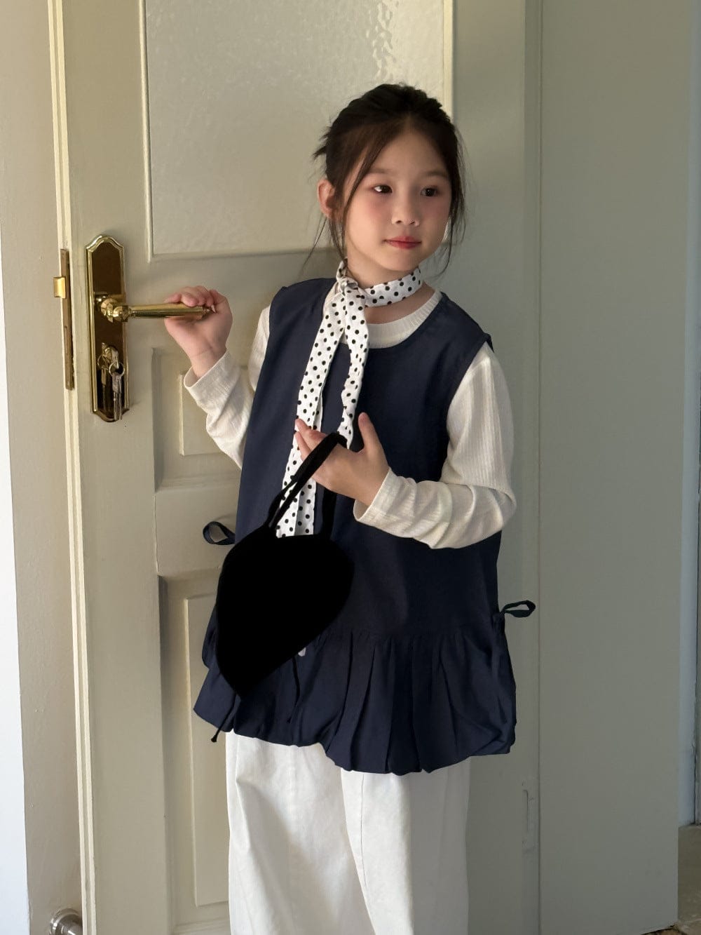 ノースリーブセットアップ navy blue vest / 90cm サイドリボンドロストノースリーブチュニックブラウス/インナー長袖Tシャツ【mh0010758】