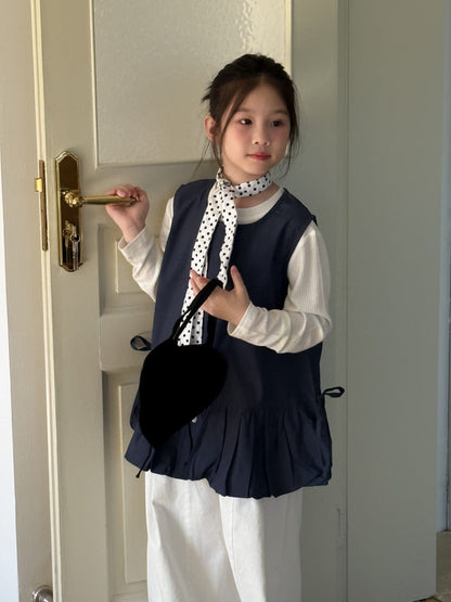 ノースリーブセットアップ navy blue vest / 90cm サイドリボンドロストノースリーブチュニックブラウス/インナー長袖Tシャツ【mh0010758】