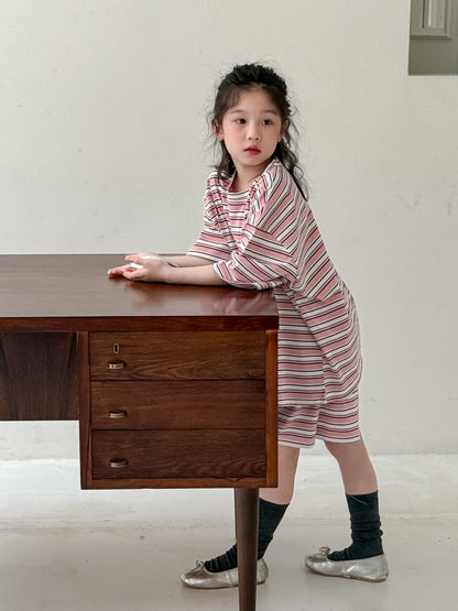 半袖セットアップ Pink / 110cm レトロボーダー半袖Tシャツ+ショートパンツセットアップ 2点セット【mh0010072】