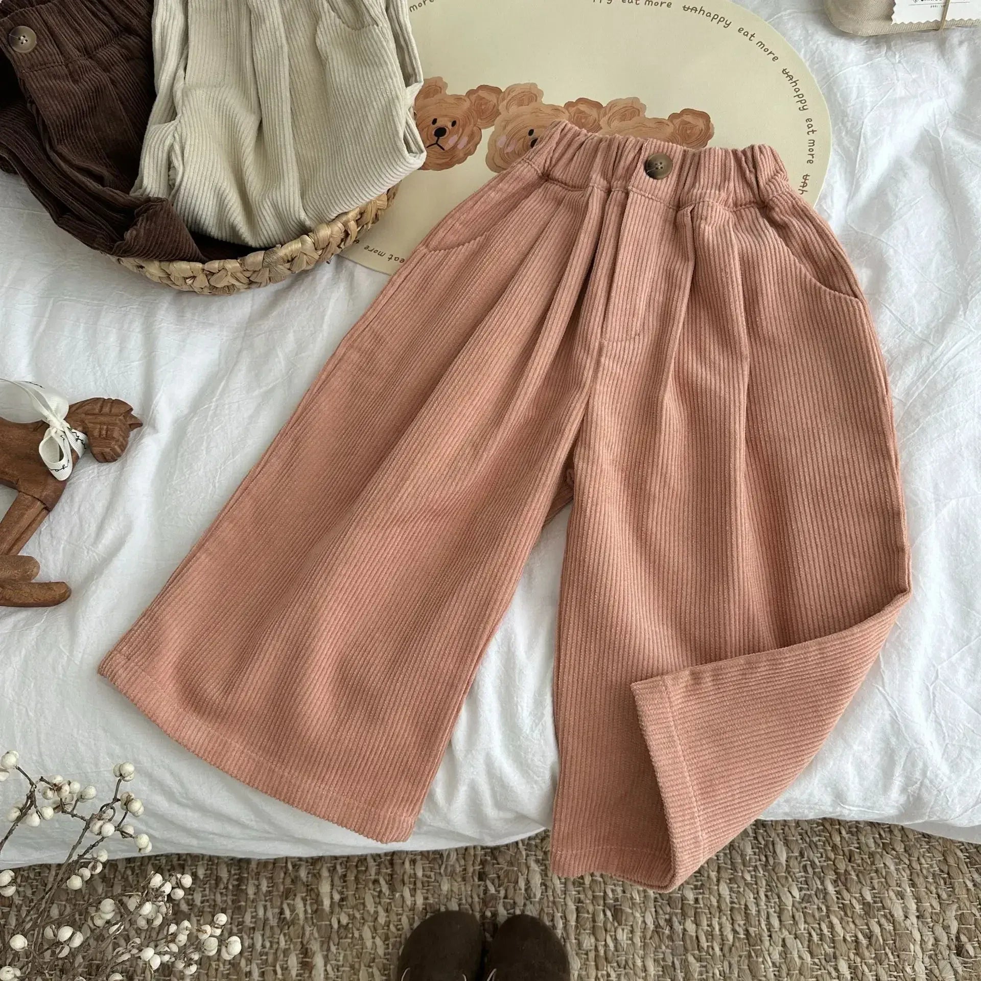 ロングパンツ・スウェットパンツ Pink / 90cm 1-2y キッズパンツ ワイドルーズコーデュロイガウチョパンツ 3カラー【mh0007369】