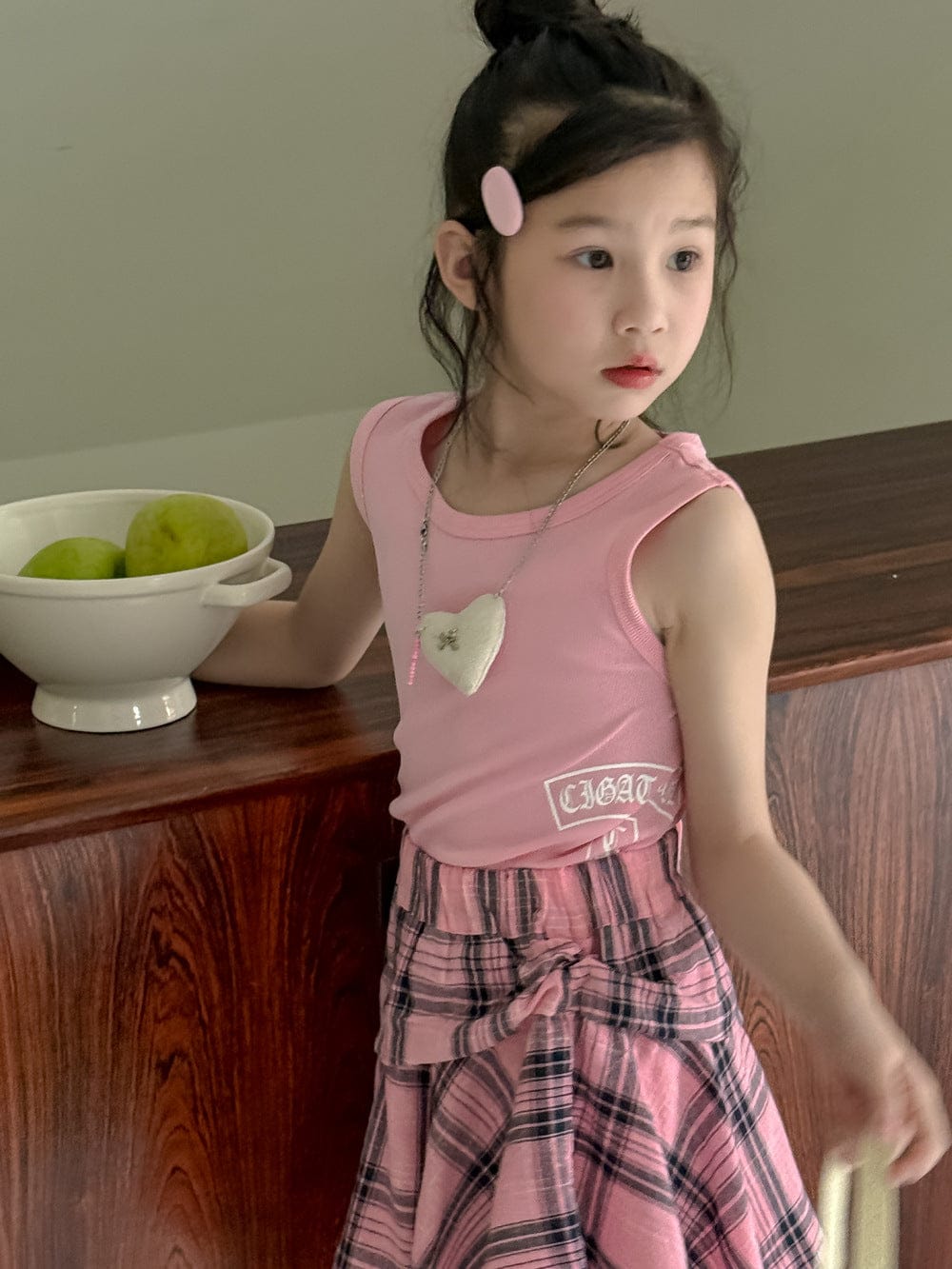 ノースリーブセットアップ Pink Vest / 90cm レターロゴプリントタンクトップ/チェックアシメスカート【mh0010057】