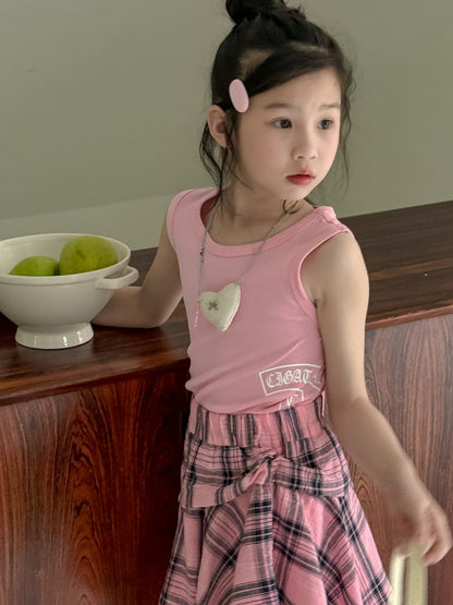 ノースリーブセットアップ Pink Vest / 90cm レターロゴプリントタンクトップ/チェックアシメスカート【mh0010057】