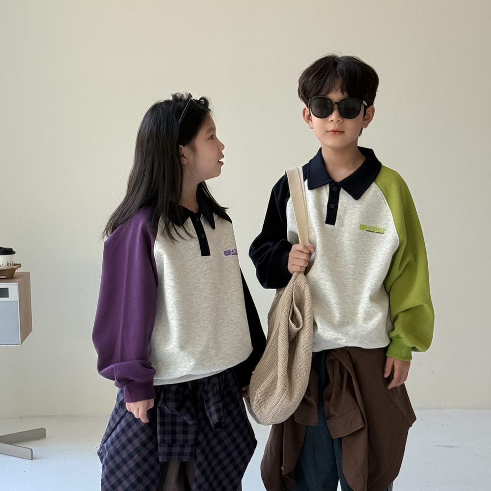 長袖シャツ・ブラウス Purple / 90cm ポロ襟パッチワーク長袖スウェット プルオーバーゆったりシルエット【mh0010763】