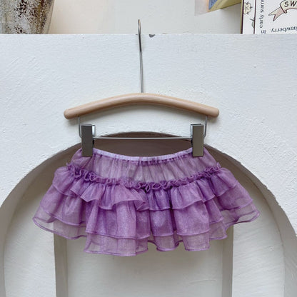 スカート Purple / One Size 重ね着チュールティアードフリルエプロンスカート【mh0010071】