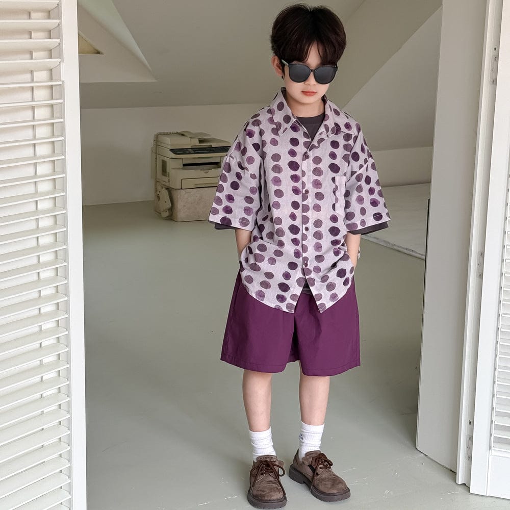 半袖セットアップ Purple polka dot set / 90cm パープルノースリーブワンピース/ポルカドット半袖シャツ+ショートパンツセット【mh0010043】