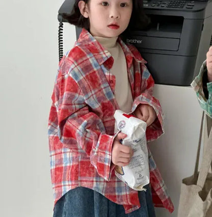 長袖シャツ・ブラウス Red / 90cm 1-2y キッズトップス チェック長袖ルーズシャツ 2カラー【mh0007055】