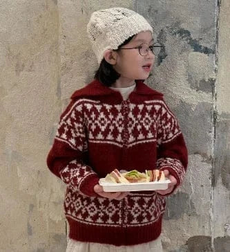 ショートコート・ジャケット・ジャンパー Red / 90cm 1-2y キッズジャケット 幾何学チロリアンジップアップ襟付きニットジャケット 2カラー【mh0007600】