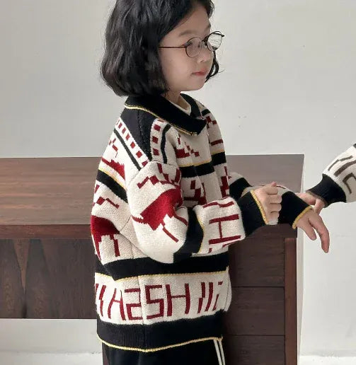 ショートコート・ジャケット・ジャンパー Red / 90cm 1-2y キッズジャケット トナカイエルク北欧柄ジップアップ襟付きニットジャケット 2カラー【mh0007617】