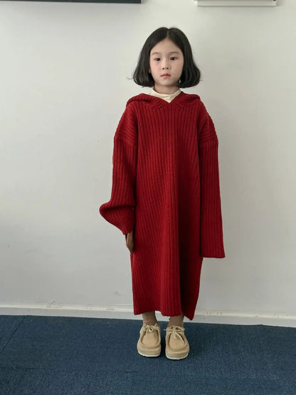 長袖ワンピース Red / 90cm 1-2y キッズワンピース リブニットフーディルーズロング長袖セーターワンピース 3カラー【mh0007572】