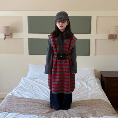 ノースリーブワンピース Red / 90cm レッドボーダー柄ニットベストワンピース【mh0010935】
