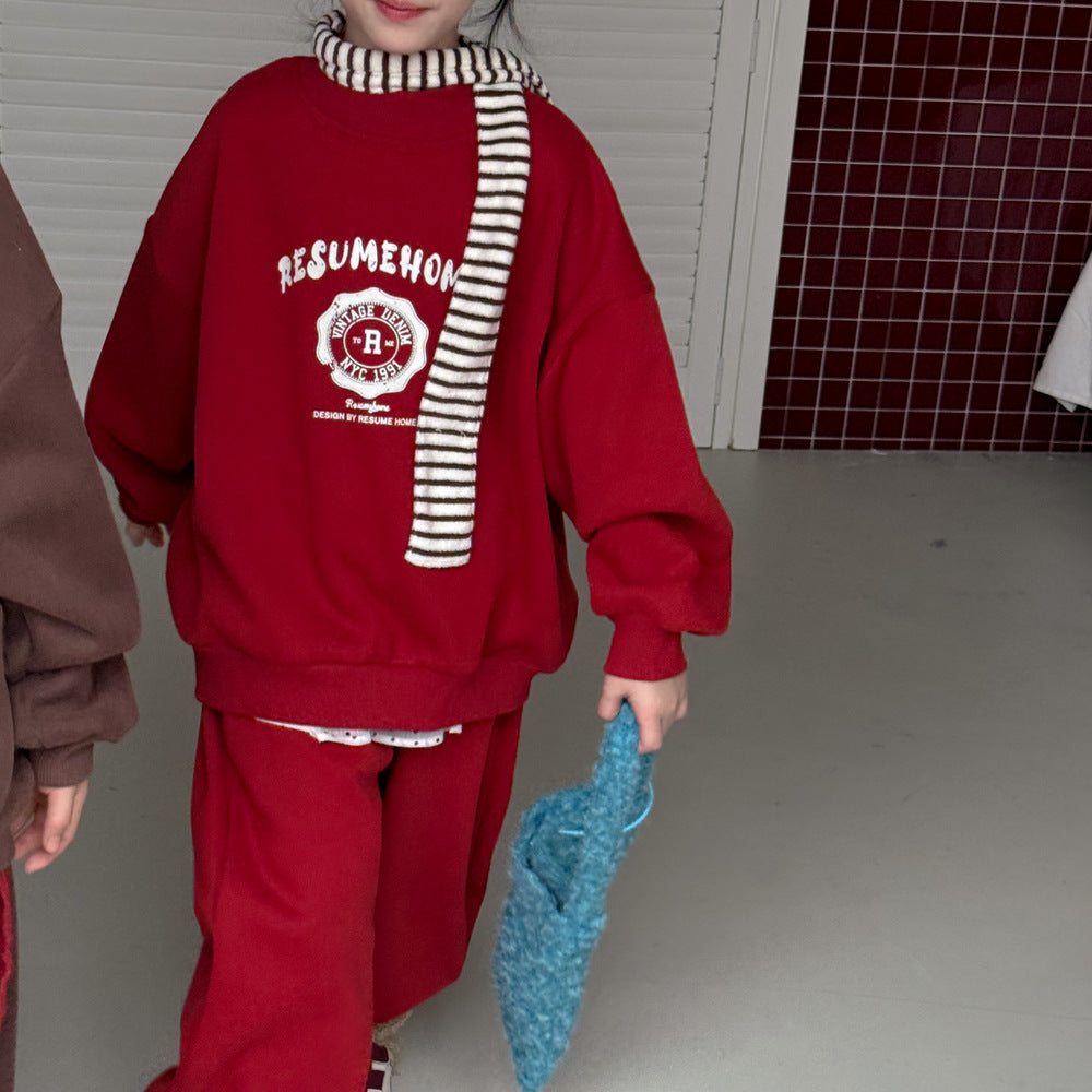 長袖セットアップ Red / 90cm セットアップ キッズ 裏起毛 ロゴ 厚手 スウェット カジュアル ルーズフィット【mh0011670】