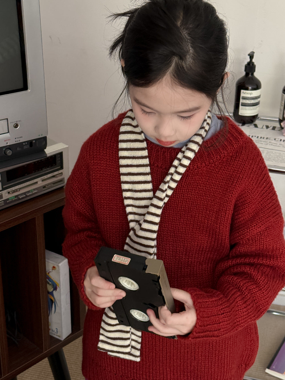 ニット・セーター Red / 90cm ニットセーター キッズ 裏起毛 厚手 クルーネック 無地 ルーズフィット プルオーバー【mh0011674】