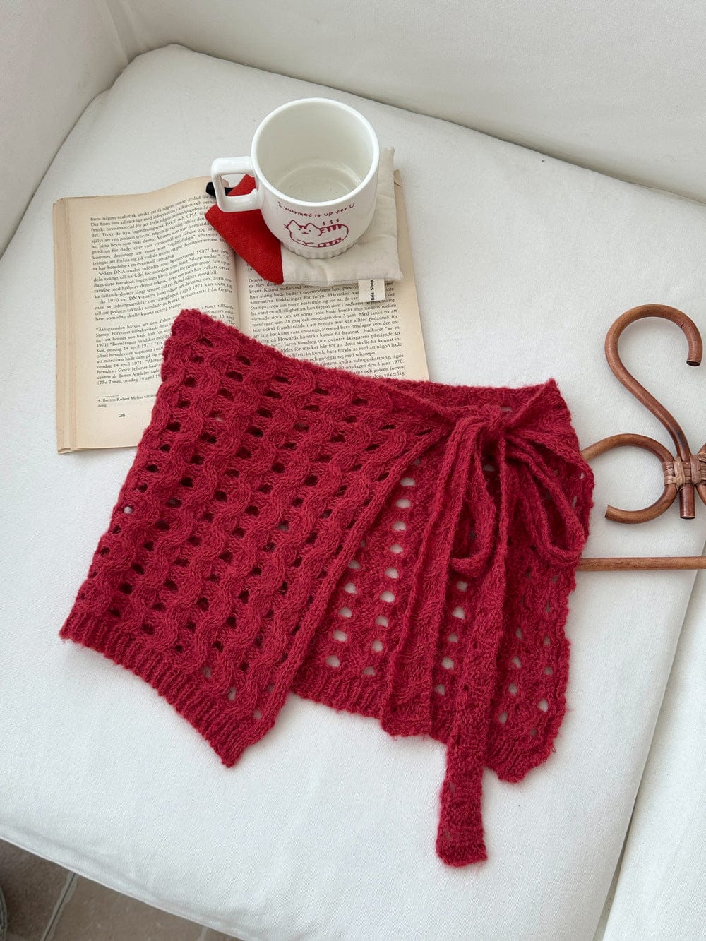 スカート Red / One Size サイドリボン透かし編みニット巻きスカート【mh0010771】