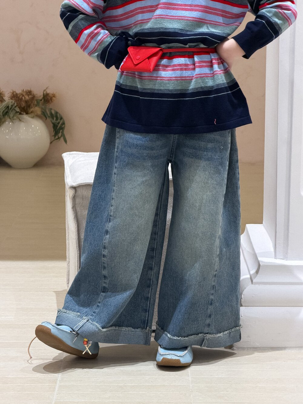 デニムパンツ Retro Folded Wide Leg Jeans レトロタックワイドデニムパンツ【mh0012103】