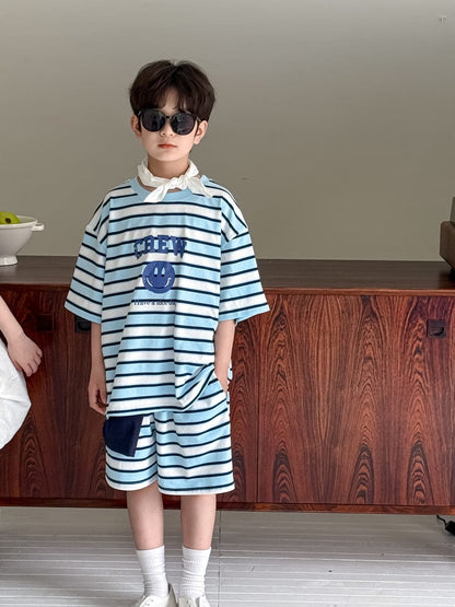 半袖セットアップ Sea Salt Blue Smiley Face Set / 110cm スマイルボーダープリントノースリーブワンピース/半袖Tシャツ+ショートパンツセット【mh0010048】