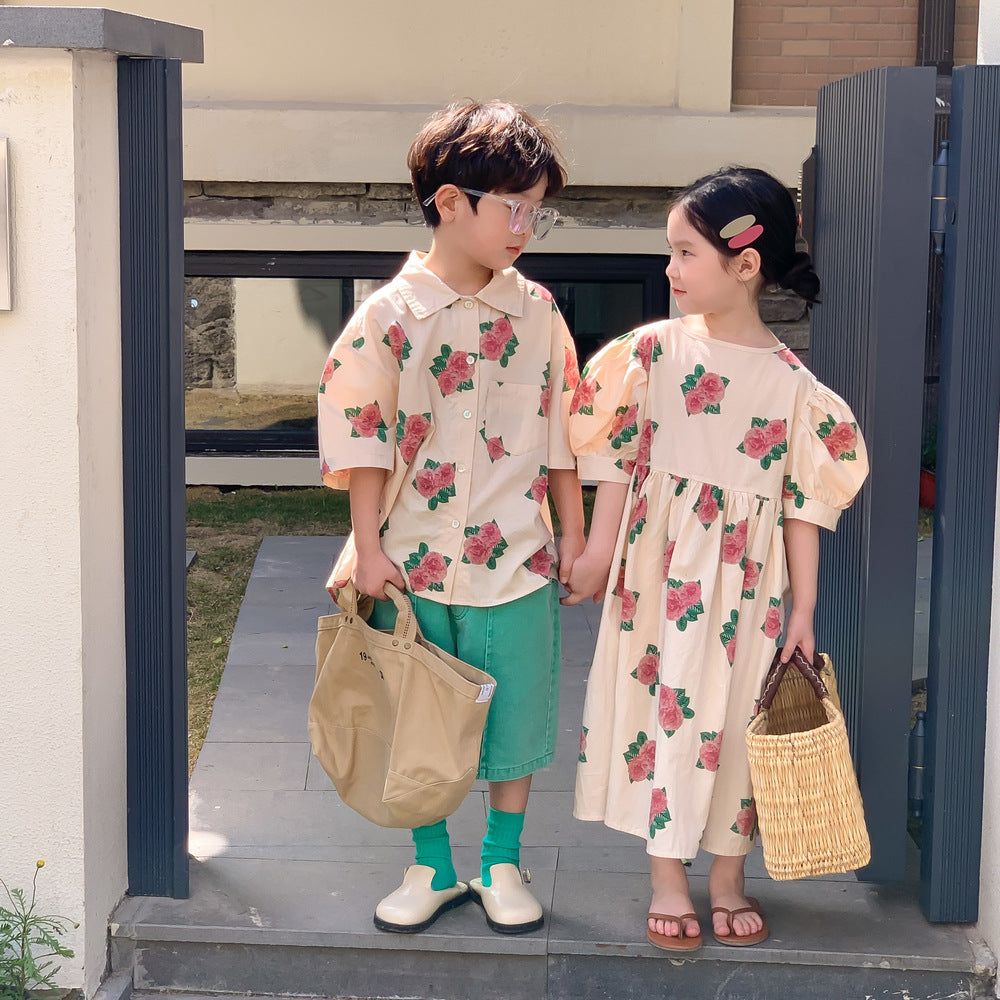 半袖ワンピース Short Sleeve Peony Print Set Up パフスリーブ ペオニー柄 セットアップ【mh0012250】
