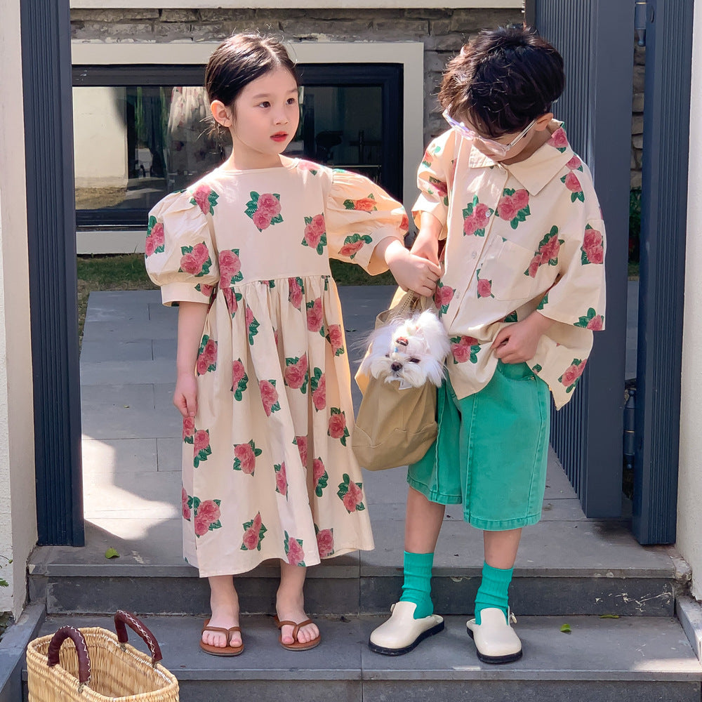 半袖ワンピース Short Sleeve Peony Print Set Up パフスリーブ ペオニー柄 セットアップ【mh0012250】