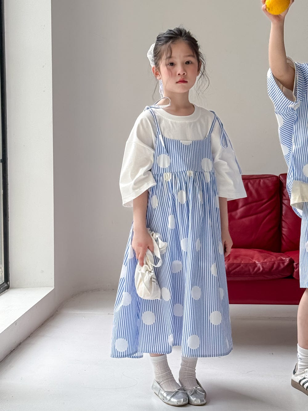 半袖セットアップ Summer blue polka dot dress / 90cm ポルカドットストライプキャミソールワンピース/半袖シャツ+ショートパンツセット【mh0010038】