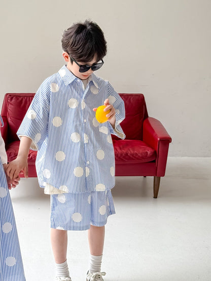 半袖セットアップ Summer blue polka dot set / 90cm ポルカドットストライプキャミソールワンピース/半袖シャツ+ショートパンツセット【mh0010038】