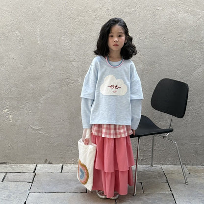長袖セットアップ sweatshirt / 90cm クラウド雲プリント長袖スウェットシャツ/チェックパッチワークロングスカート【mh0009683】