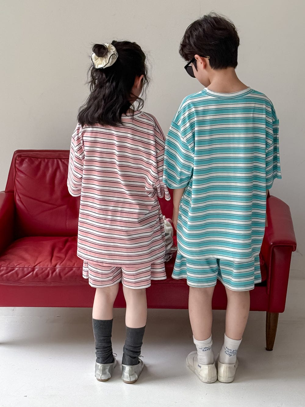 半袖セットアップ レトロボーダー半袖Tシャツ+ショートパンツセットアップ 2点セット【mh0010072】