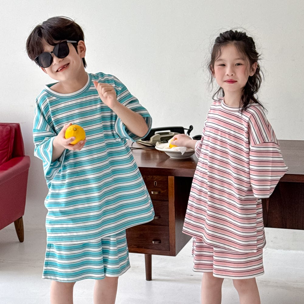 半袖セットアップ レトロボーダー半袖Tシャツ+ショートパンツセットアップ 2点セット【mh0010072】