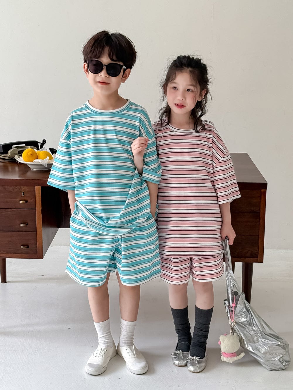 半袖セットアップ レトロボーダー半袖Tシャツ+ショートパンツセットアップ 2点セット【mh0010072】