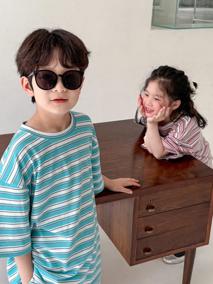 半袖セットアップ レトロボーダー半袖Tシャツ+ショートパンツセットアップ 2点セット【mh0010072】