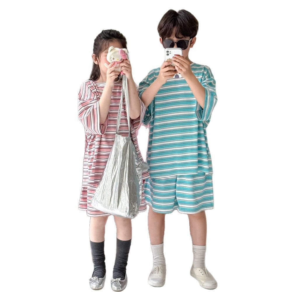 半袖セットアップ レトロボーダー半袖Tシャツ+ショートパンツセットアップ 2点セット【mh0010072】