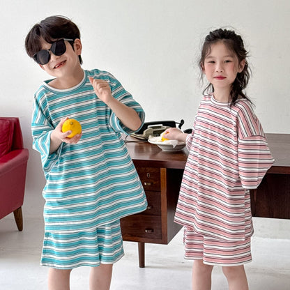 半袖セットアップ レトロボーダー半袖Tシャツ+ショートパンツセットアップ 2点セット【mh0010072】