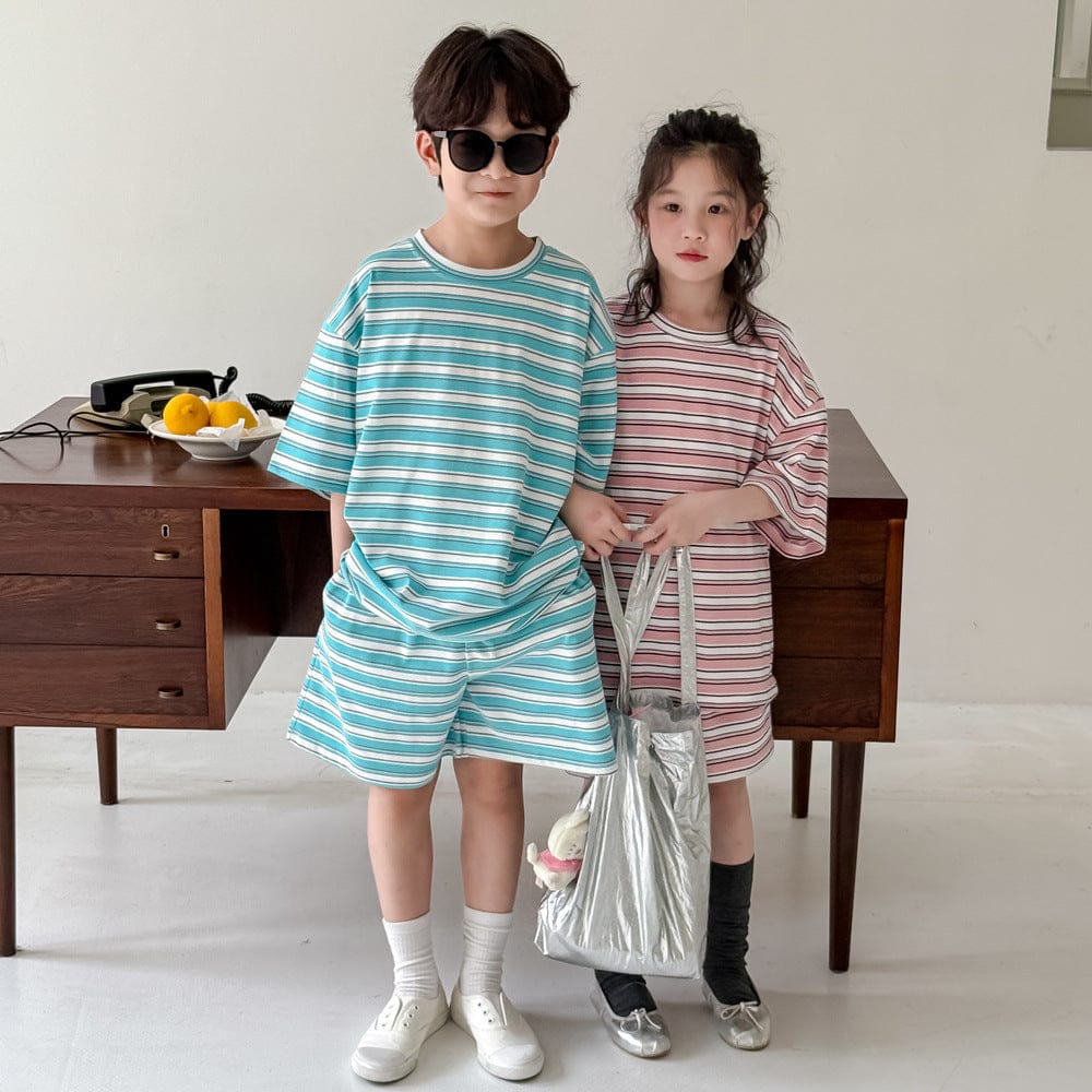 半袖セットアップ レトロボーダー半袖Tシャツ+ショートパンツセットアップ 2点セット【mh0010072】