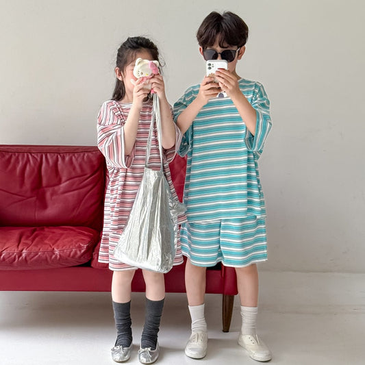 半袖セットアップ レトロボーダー半袖Tシャツ+ショートパンツセットアップ 2点セット【mh0010072】