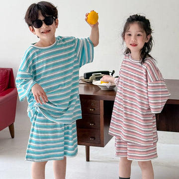半袖セットアップ レトロボーダー半袖Tシャツ+ショートパンツセットアップ 2点セット【mh0010072】