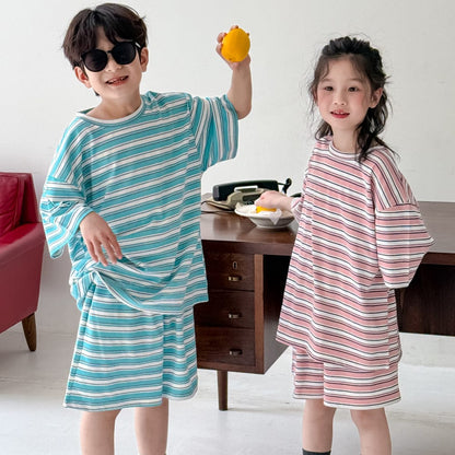 半袖セットアップ レトロボーダー半袖Tシャツ+ショートパンツセットアップ 2点セット【mh0010072】