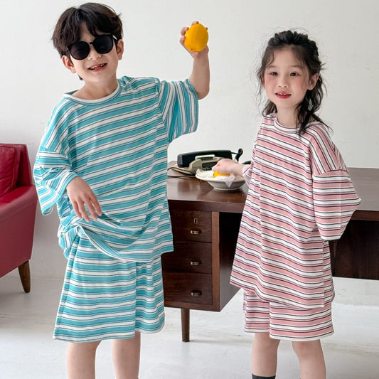 半袖セットアップ レトロボーダー半袖Tシャツ+ショートパンツセットアップ 2点セット【mh0010072】