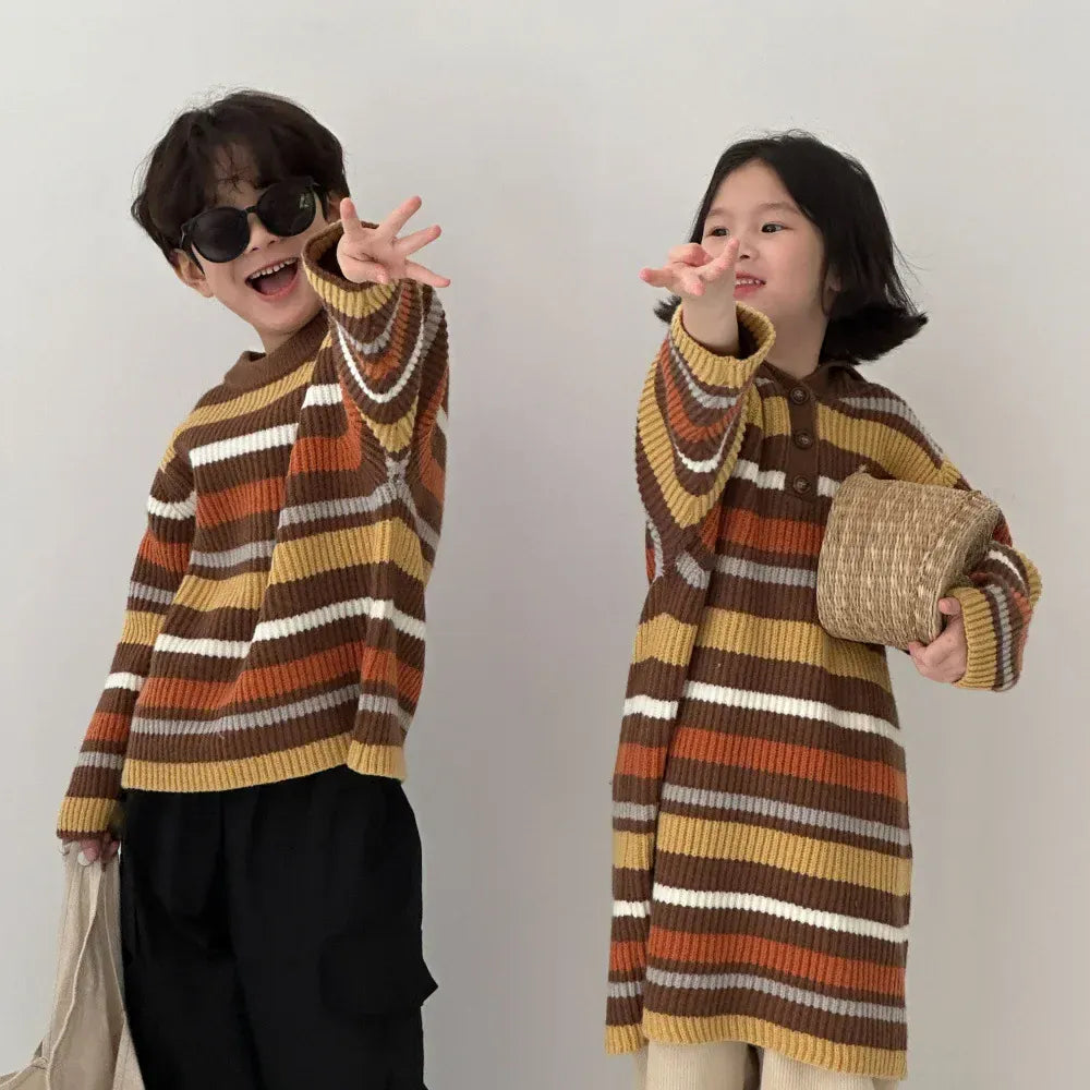 ニット・セーター キッズトップス/ワンピース レトロボーダー長袖ニットTシャツ/フーディボーダー長袖ニットワンピース リンクコーデ 兄弟姉妹 お揃いコーデ【mh0007131】