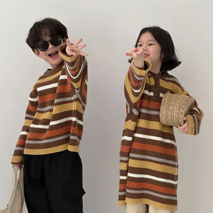 ニット・セーター キッズトップス/ワンピース レトロボーダー長袖ニットTシャツ/フーディボーダー長袖ニットワンピース リンクコーデ 兄弟姉妹 お揃いコーデ【mh0007131】