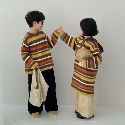 ニット・セーター キッズトップス/ワンピース レトロボーダー長袖ニットTシャツ/フーディボーダー長袖ニットワンピース リンクコーデ 兄弟姉妹 お揃いコーデ【mh0007131】