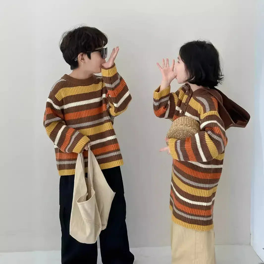 ニット・セーター キッズトップス/ワンピース レトロボーダー長袖ニットTシャツ/フーディボーダー長袖ニットワンピース リンクコーデ 兄弟姉妹 お揃いコーデ【mh0007131】