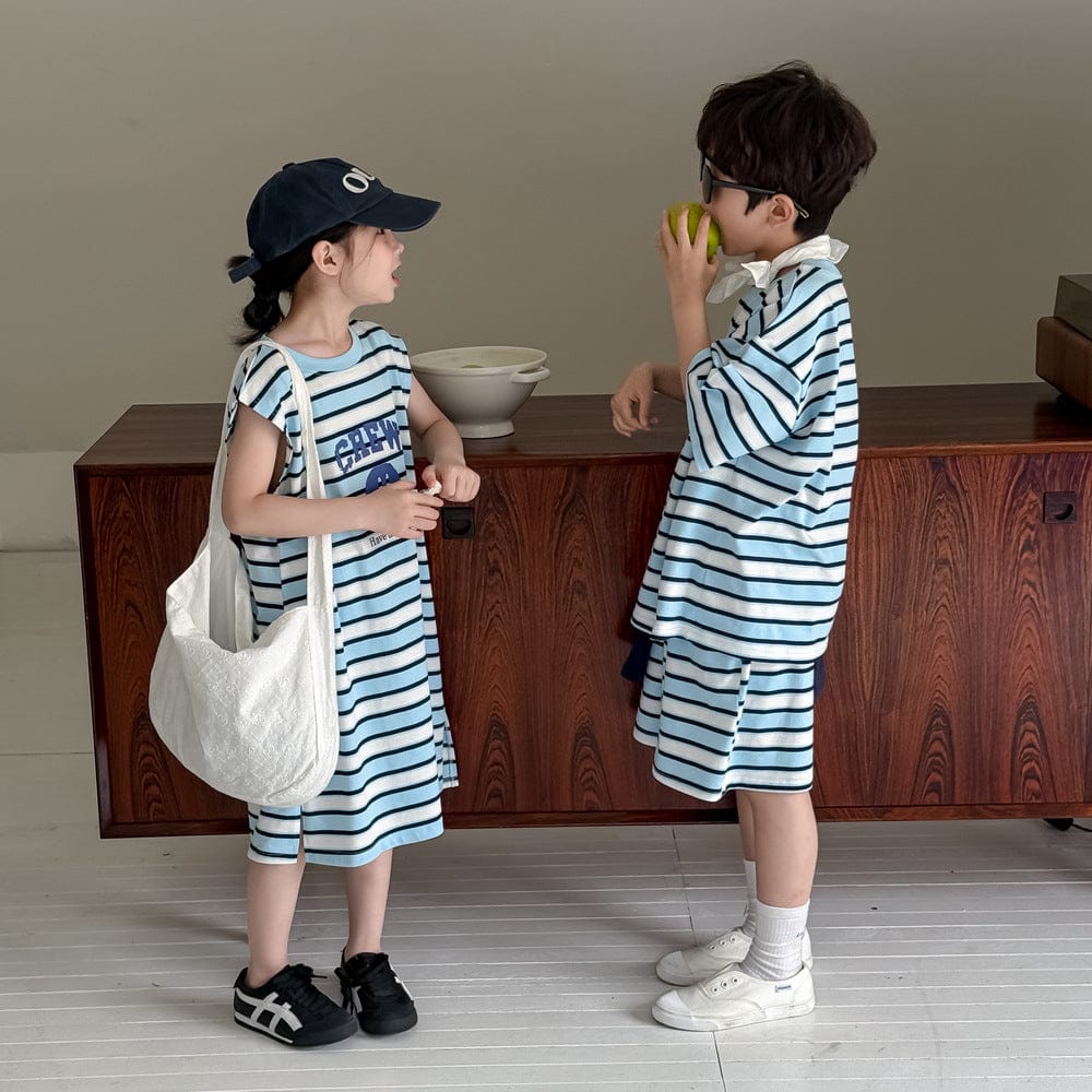 半袖セットアップ スマイルボーダープリントノースリーブワンピース/半袖Tシャツ+ショートパンツセット【mh0010048】