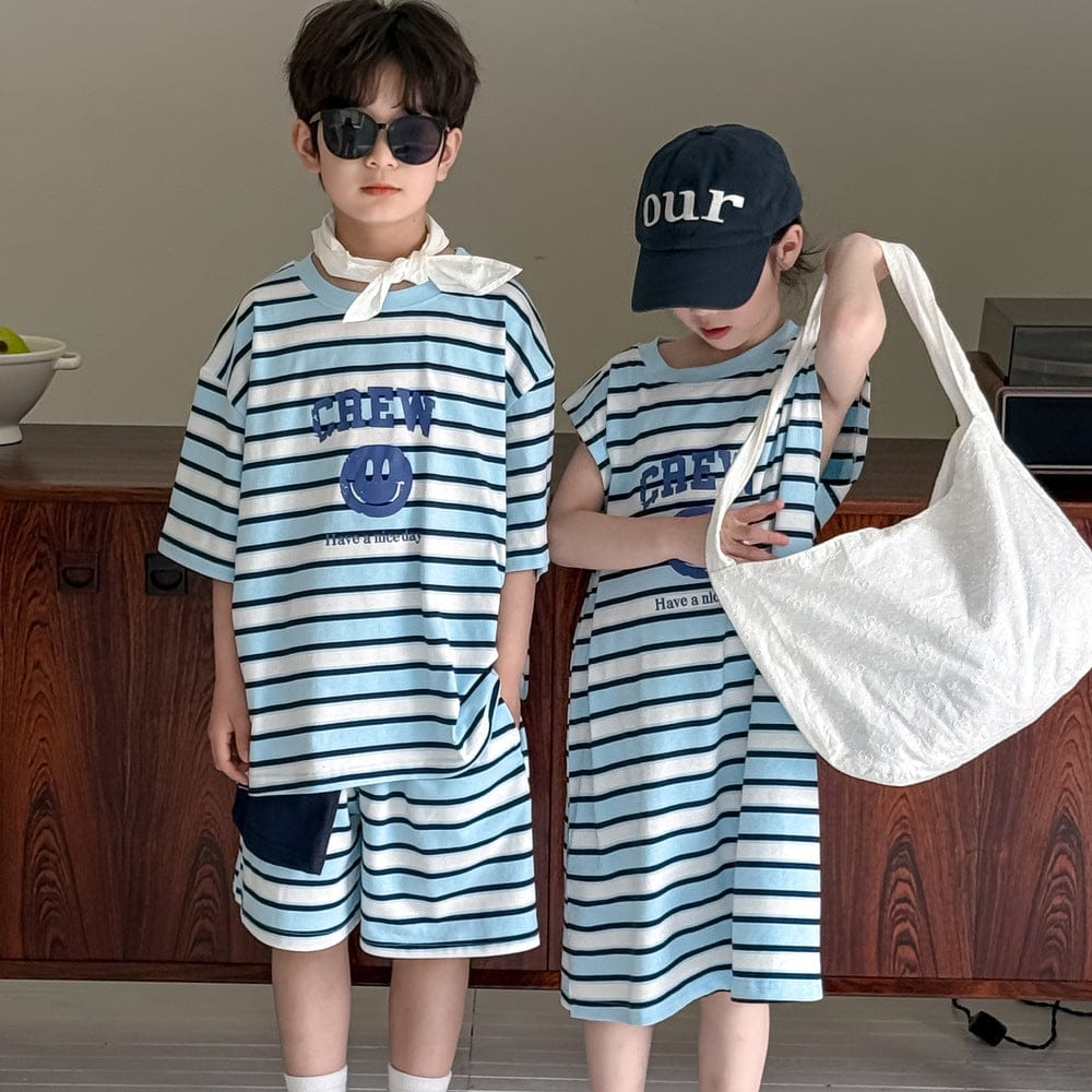 半袖セットアップ スマイルボーダープリントノースリーブワンピース/半袖Tシャツ+ショートパンツセット【mh0010048】