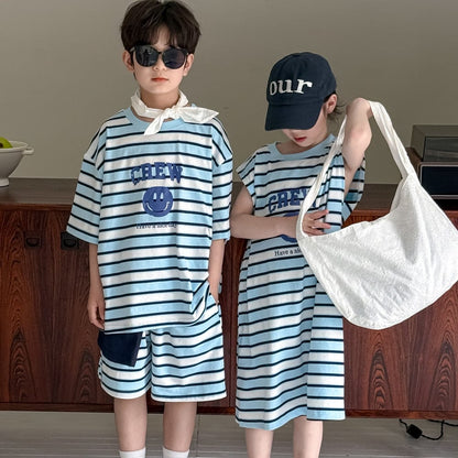 半袖セットアップ スマイルボーダープリントノースリーブワンピース/半袖Tシャツ+ショートパンツセット【mh0010048】