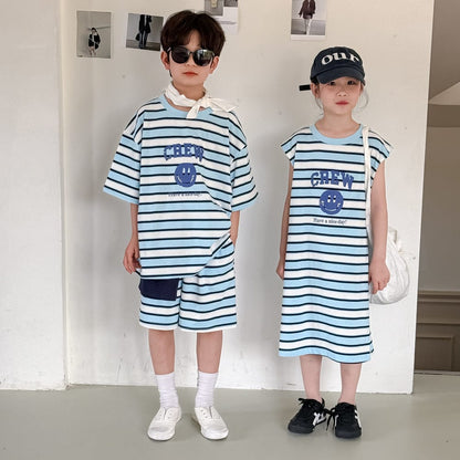 半袖セットアップ スマイルボーダープリントノースリーブワンピース/半袖Tシャツ+ショートパンツセット【mh0010048】