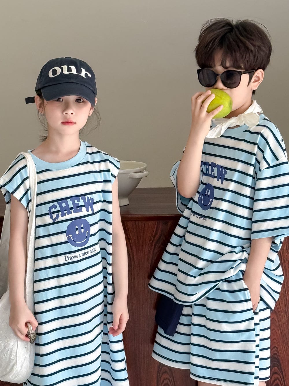 半袖セットアップ スマイルボーダープリントノースリーブワンピース/半袖Tシャツ+ショートパンツセット【mh0010048】