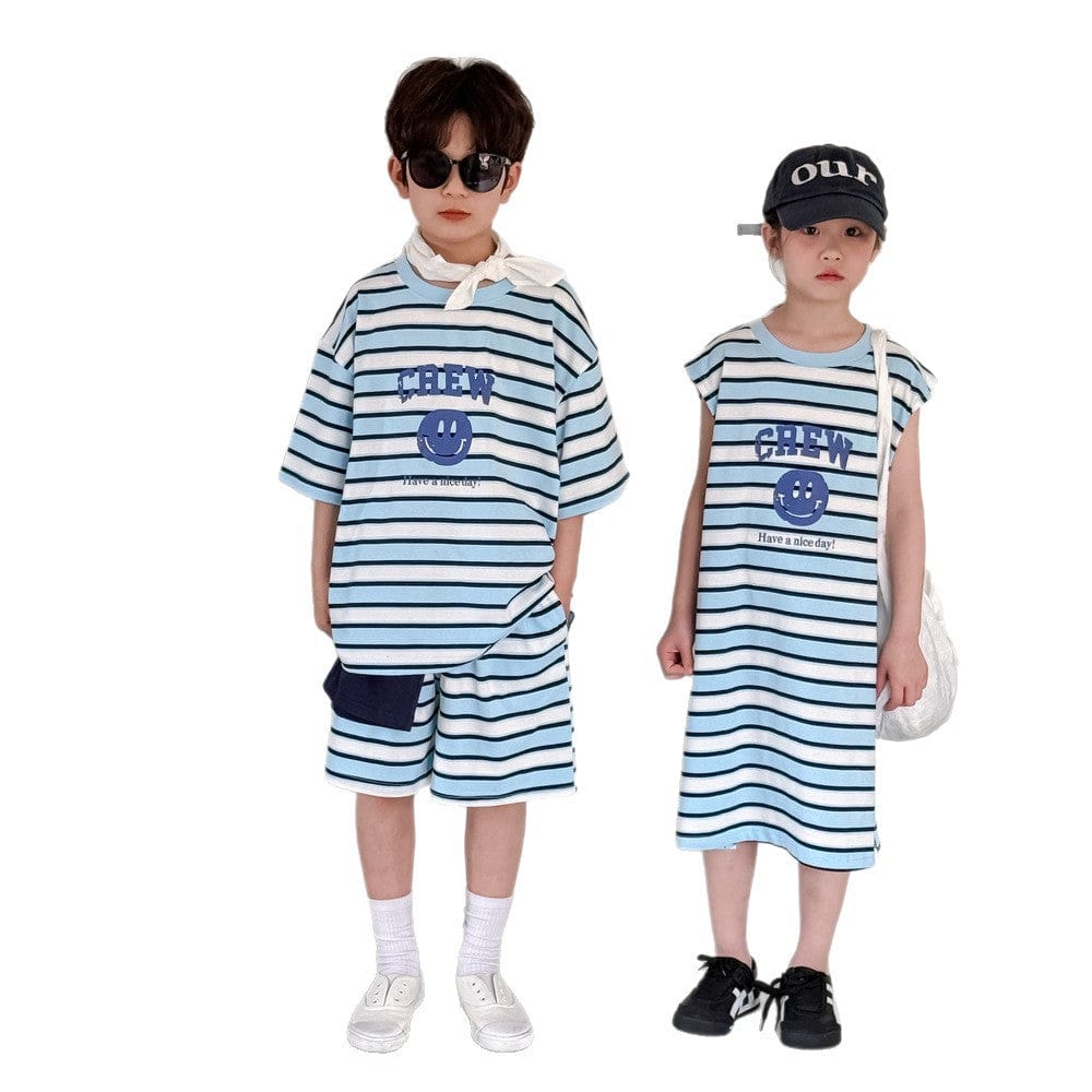 半袖セットアップ スマイルボーダープリントノースリーブワンピース/半袖Tシャツ+ショートパンツセット【mh0010048】