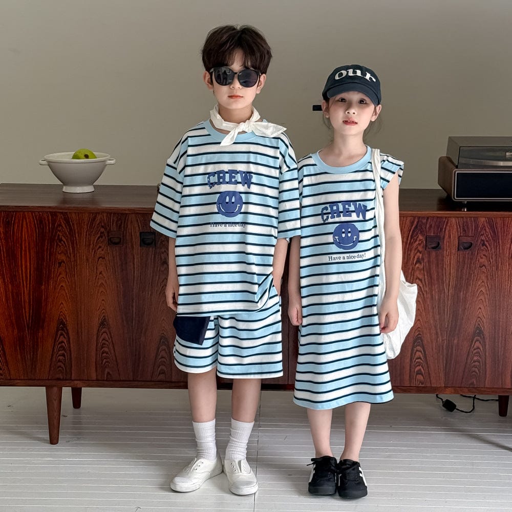 半袖セットアップ スマイルボーダープリントノースリーブワンピース/半袖Tシャツ+ショートパンツセット【mh0010048】